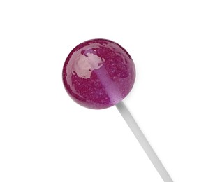 One sweet purple lollipop isolated on white, top view