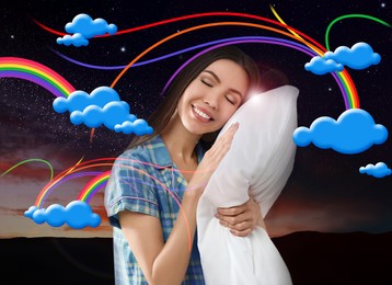 Image of Beautiful Asian woman dreaming about rainbow while sleeping, night starry sky on background 