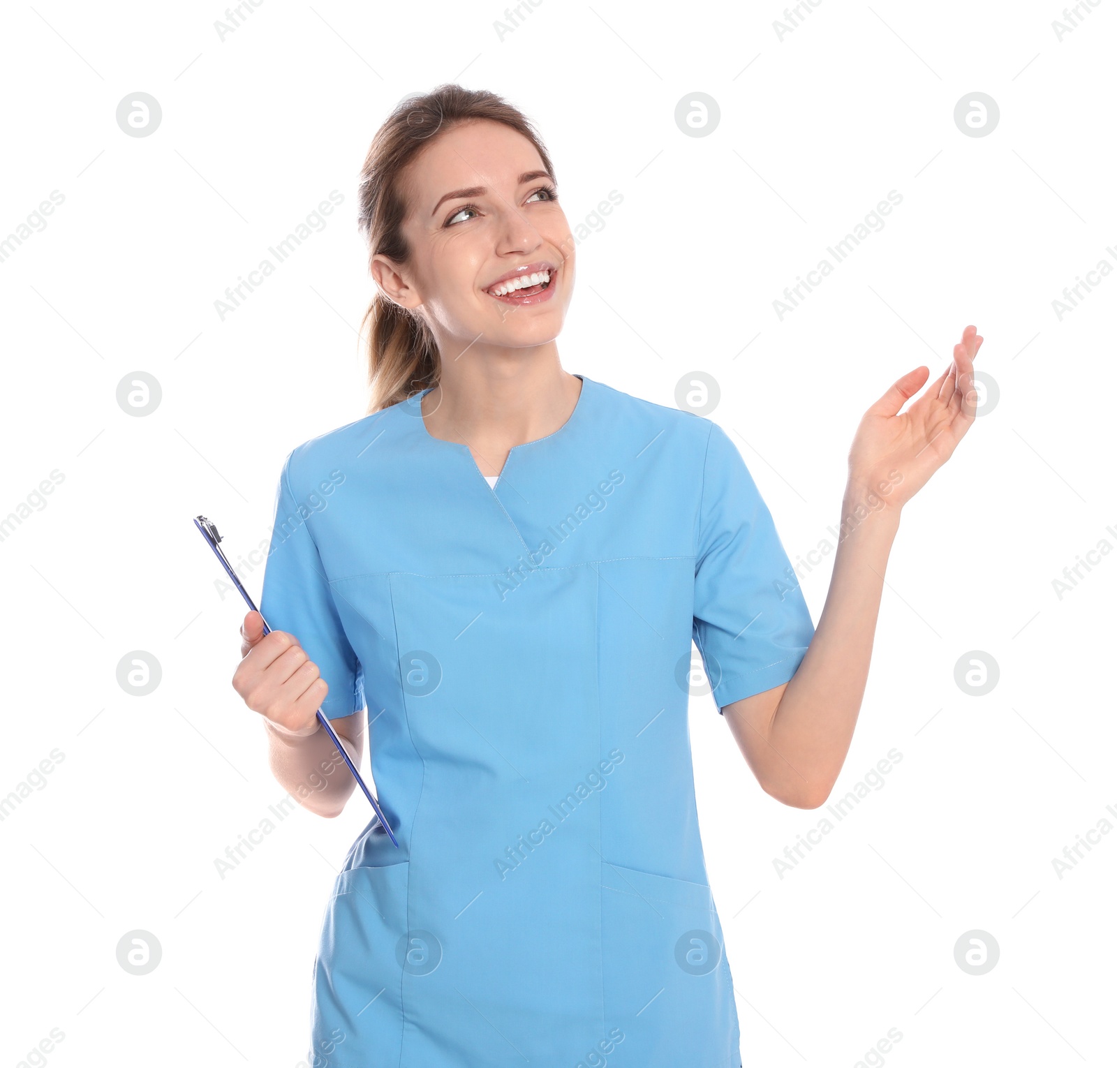 Photo of Portrait of medical doctor with clipboard isolated on white