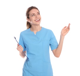 Portrait of medical doctor with clipboard isolated on white