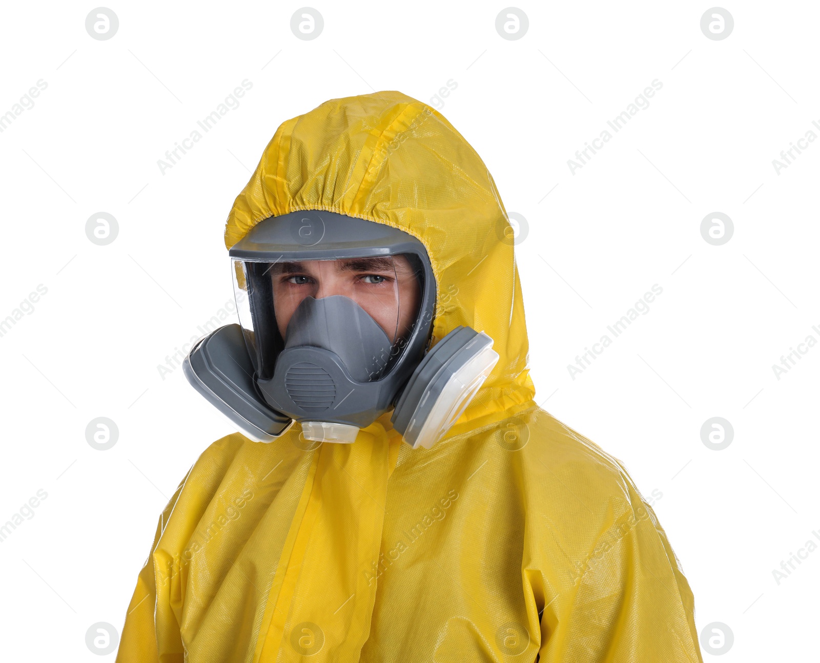 Photo of Man wearing chemical protective suit on white background. Prevention of virus spread