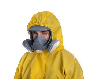 Photo of Man wearing chemical protective suit on white background. Prevention of virus spread