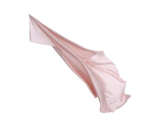Photo of Beautiful delicate light pink silk on white background