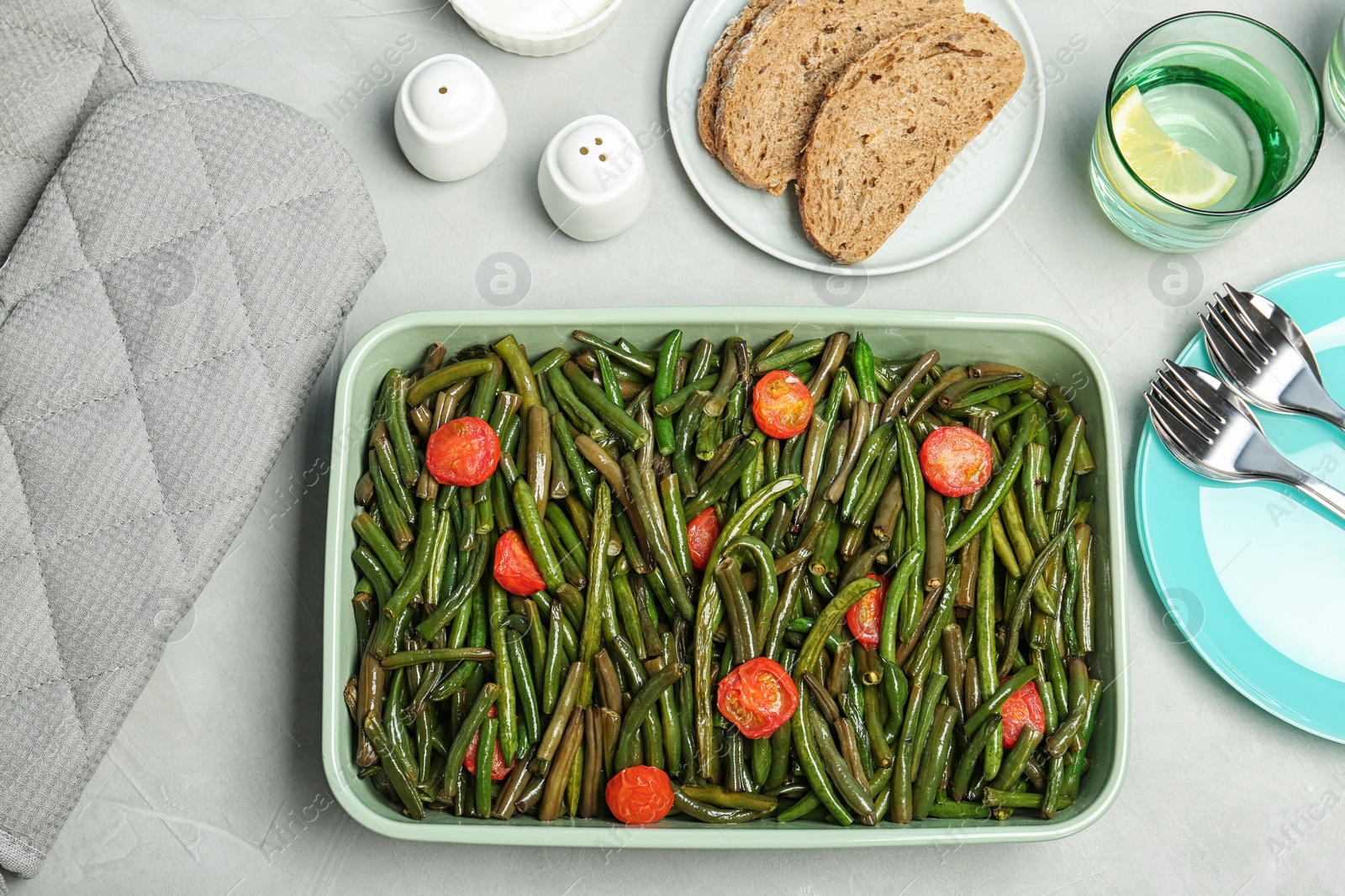 Photo of Flat lay composition with tasty green beans on table