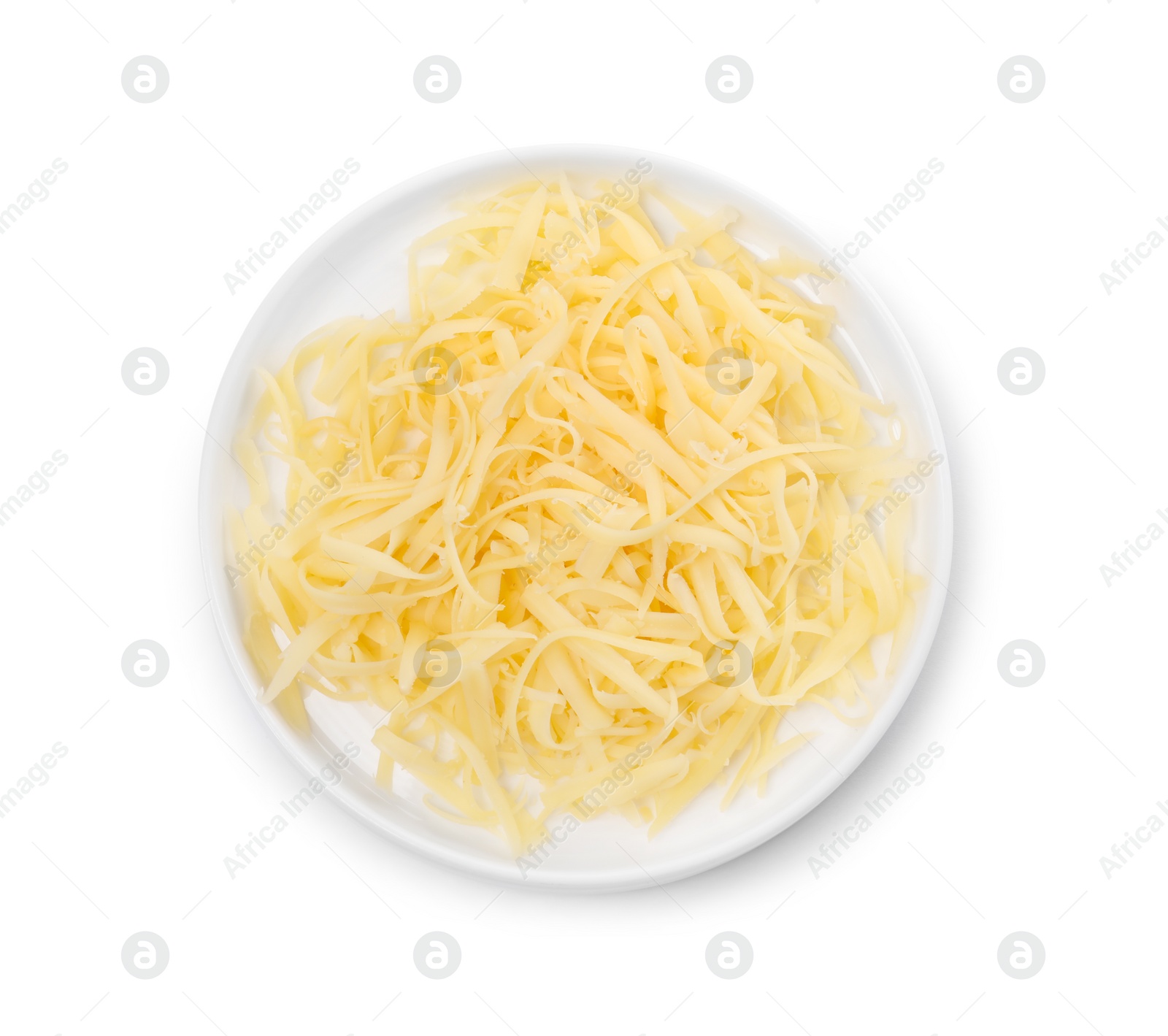 Photo of Tasty grated cheese isolated on white, top view