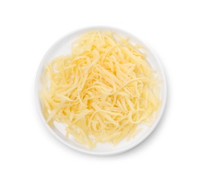 Photo of Tasty grated cheese isolated on white, top view