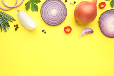 Flat lay composition with onion and spices on yellow background. Space for text