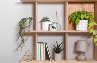Photo of Wooden shelving unit with interior accessories and houseplants on white wall