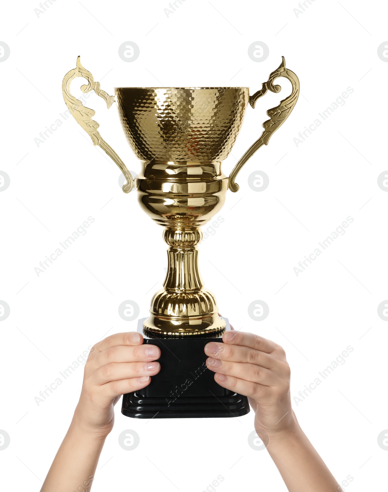 Photo of Woman holding golden cup on white background, closeup. Victory concept