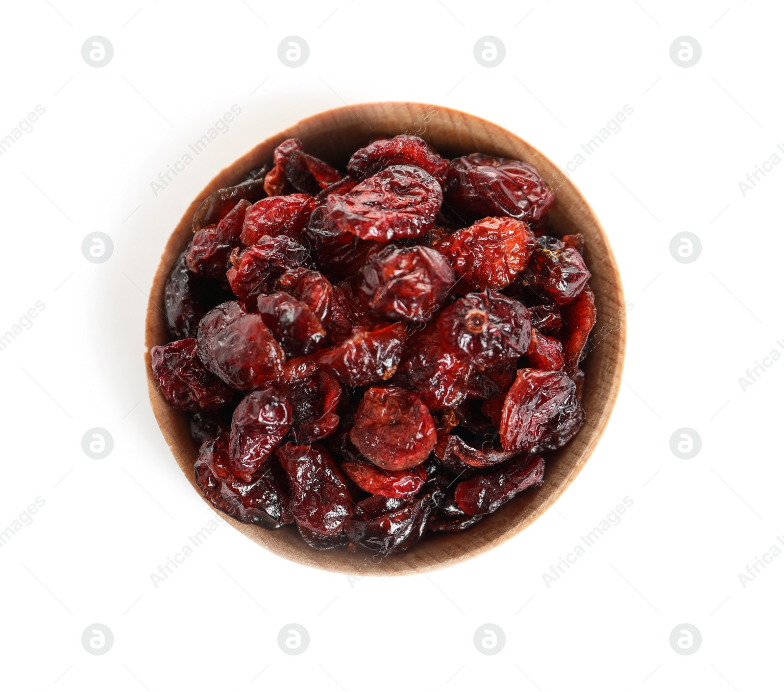 Photo of Bowl with cranberries on white background, top view. Dried fruit as healthy snack