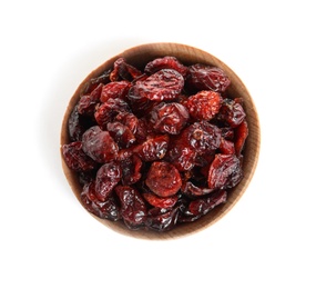 Bowl with cranberries on white background, top view. Dried fruit as healthy snack