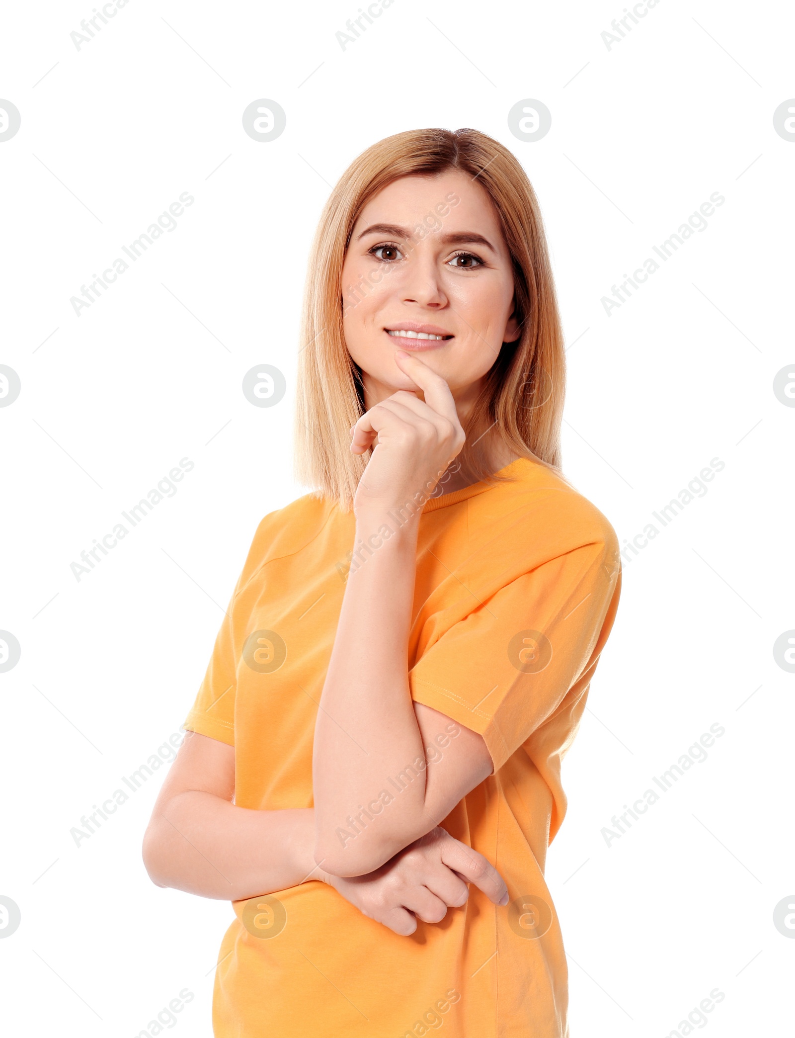 Photo of Portrait of beautiful woman posing on white background