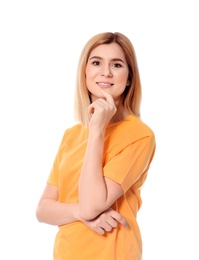 Portrait of beautiful woman posing on white background