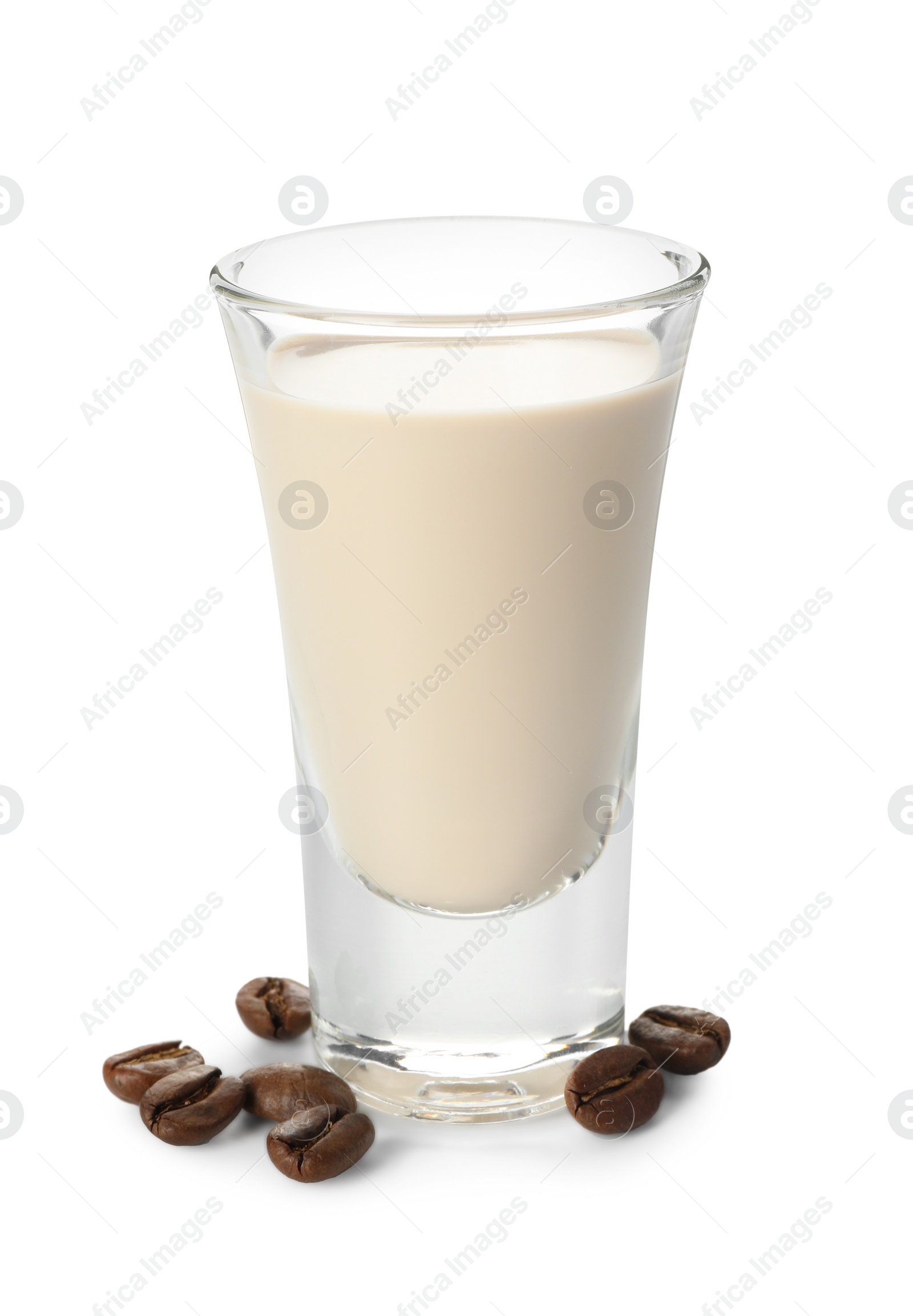 Photo of Glass of coffee cream liqueur and beans isolated on white