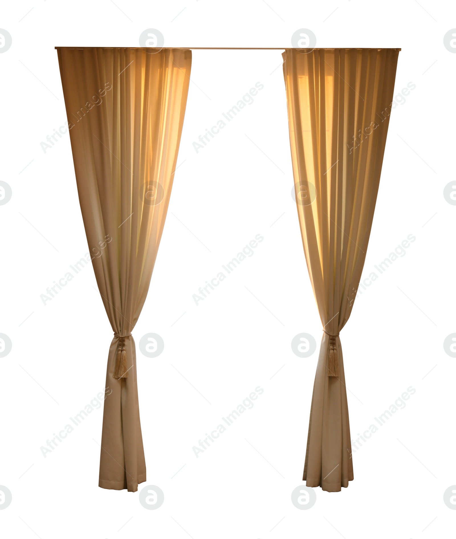 Image of Beautiful elegant brown curtains on white background