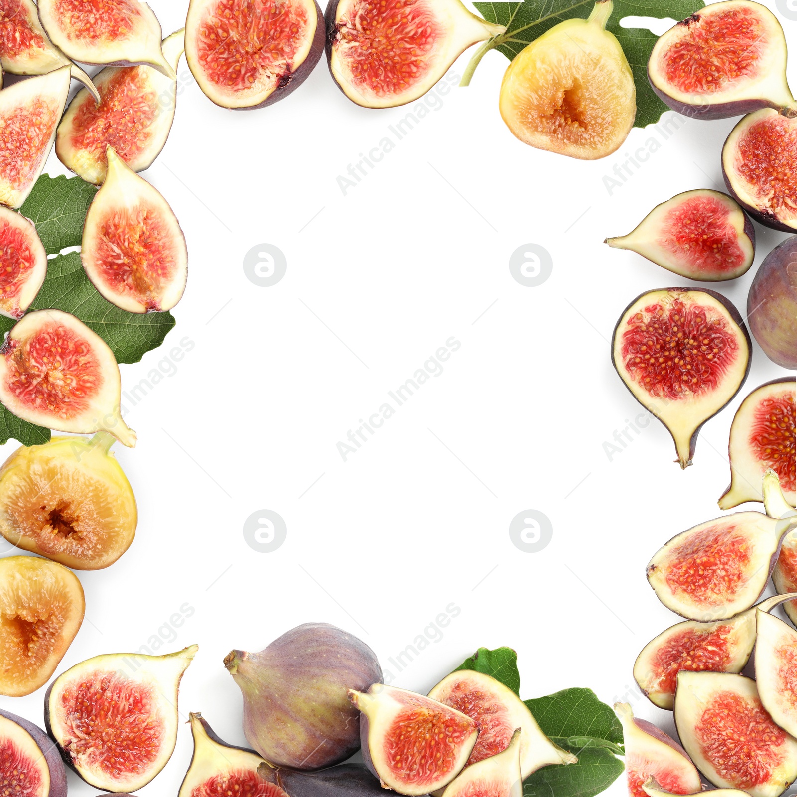 Image of Frame made of tasty figs on white background, top view. Space for text