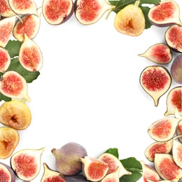 Image of Frame made of tasty figs on white background, top view. Space for text