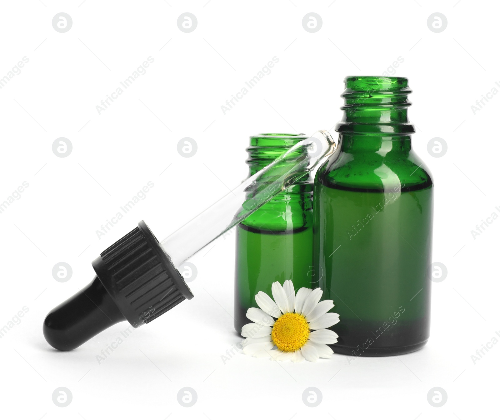 Photo of Chamomile flower and cosmetic bottles of essential oil on white background