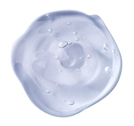 Photo of Sample of transparent shower gel on white background, top view