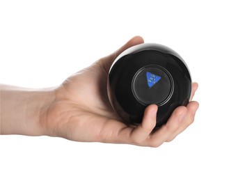 Photo of Man holding magic eight ball with prediction Don't Bet On It against white background, closeup