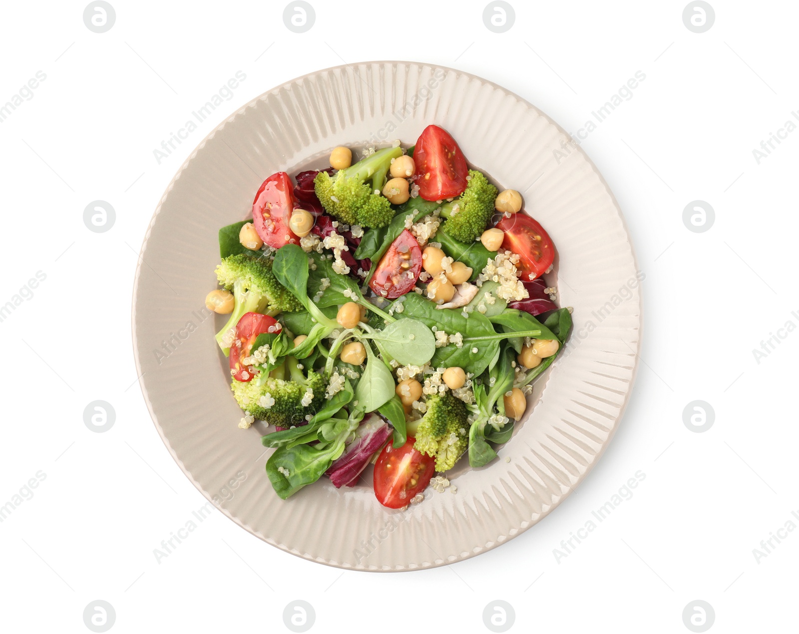 Photo of Healthy meal. Tasty salad with quinoa, chickpeas and vegetables isolated on white, top view