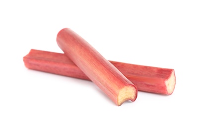 Photo of Fresh ripe rhubarb stalks isolated on white