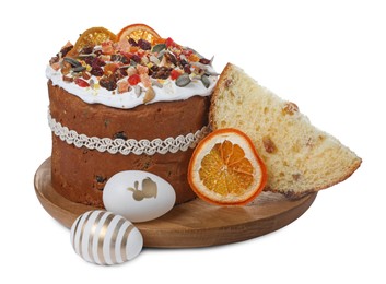 Photo of Traditional Easter cake with dried fruits and decorated eggs on white background