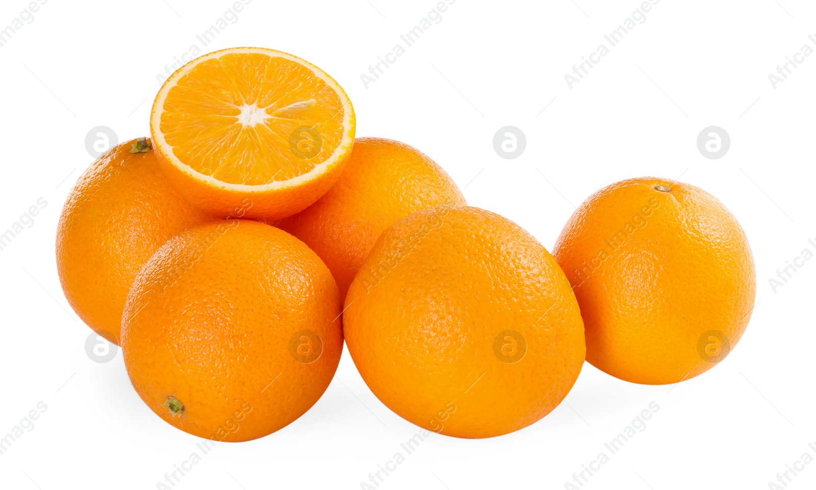 Photo of Whole and cut ripe oranges isolated on white