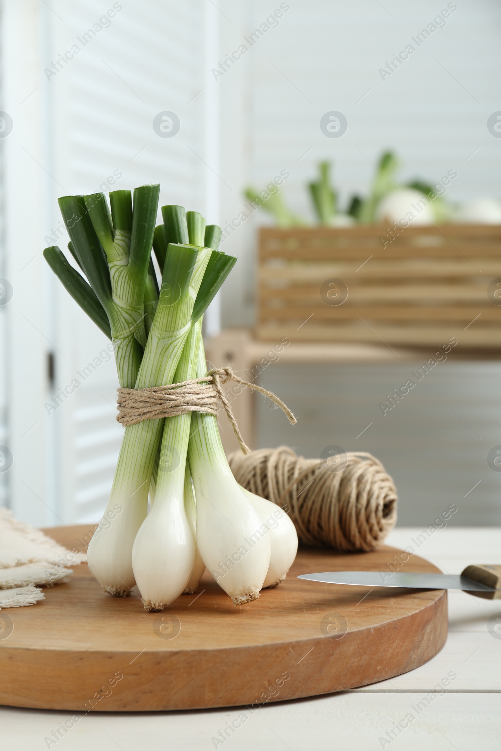 Photo of Bunch of green spring onions on white wooden table