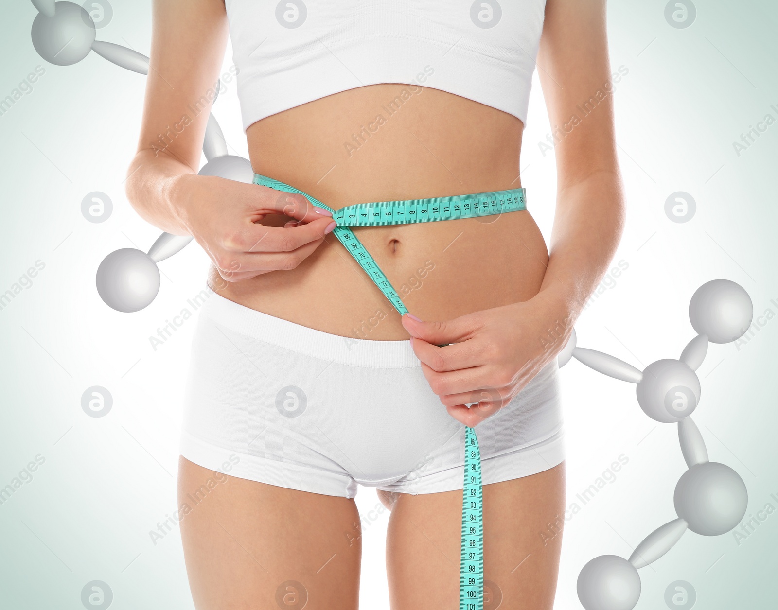 Image of Metabolism concept. Woman with slim body and molecular chains on light background, closeup 