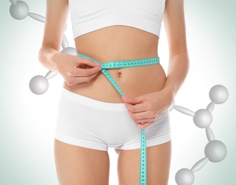 Image of Metabolism concept. Woman with slim body and molecular chains on light background, closeup 