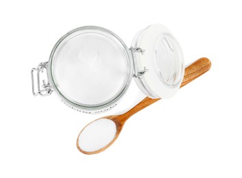 Photo of Baking soda in jar and spoon isolated on white, top view