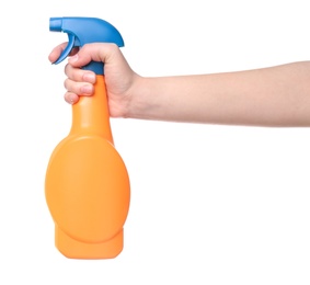 Image of Woman holding spray bottle with detergent on white background, closeup