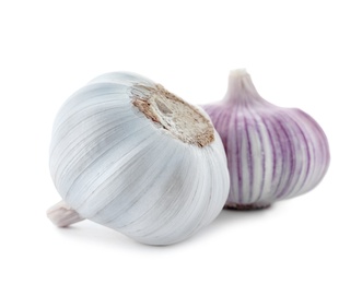 Photo of Ripe garlic on white background. Organic product