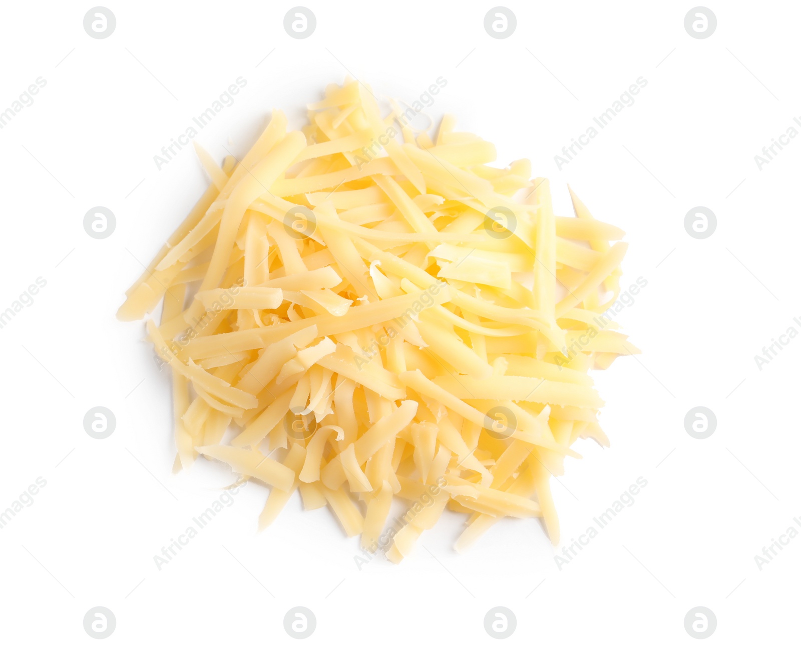 Photo of Heap of grated delicious cheese on white background