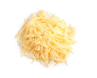 Photo of Heap of grated delicious cheese on white background