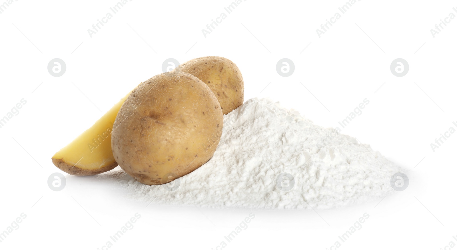 Photo of Heap of starch and fresh potatoes on white background