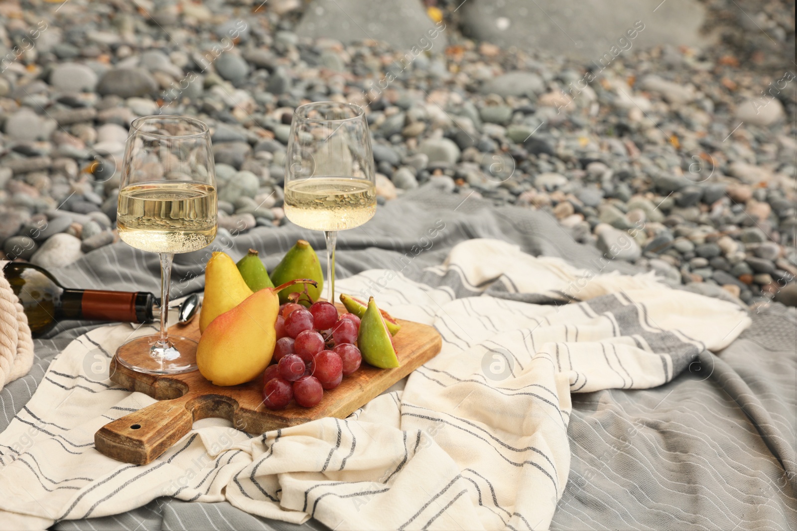 White wine and fresh fruits on picnic blanket outdoors. Space for text Photo of White wine and fresh fruits on picnic blanket outdoors. Space for text