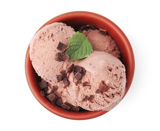 Photo of Bowl of tasty ice cream with chocolate chunks and mint isolated on white, top view