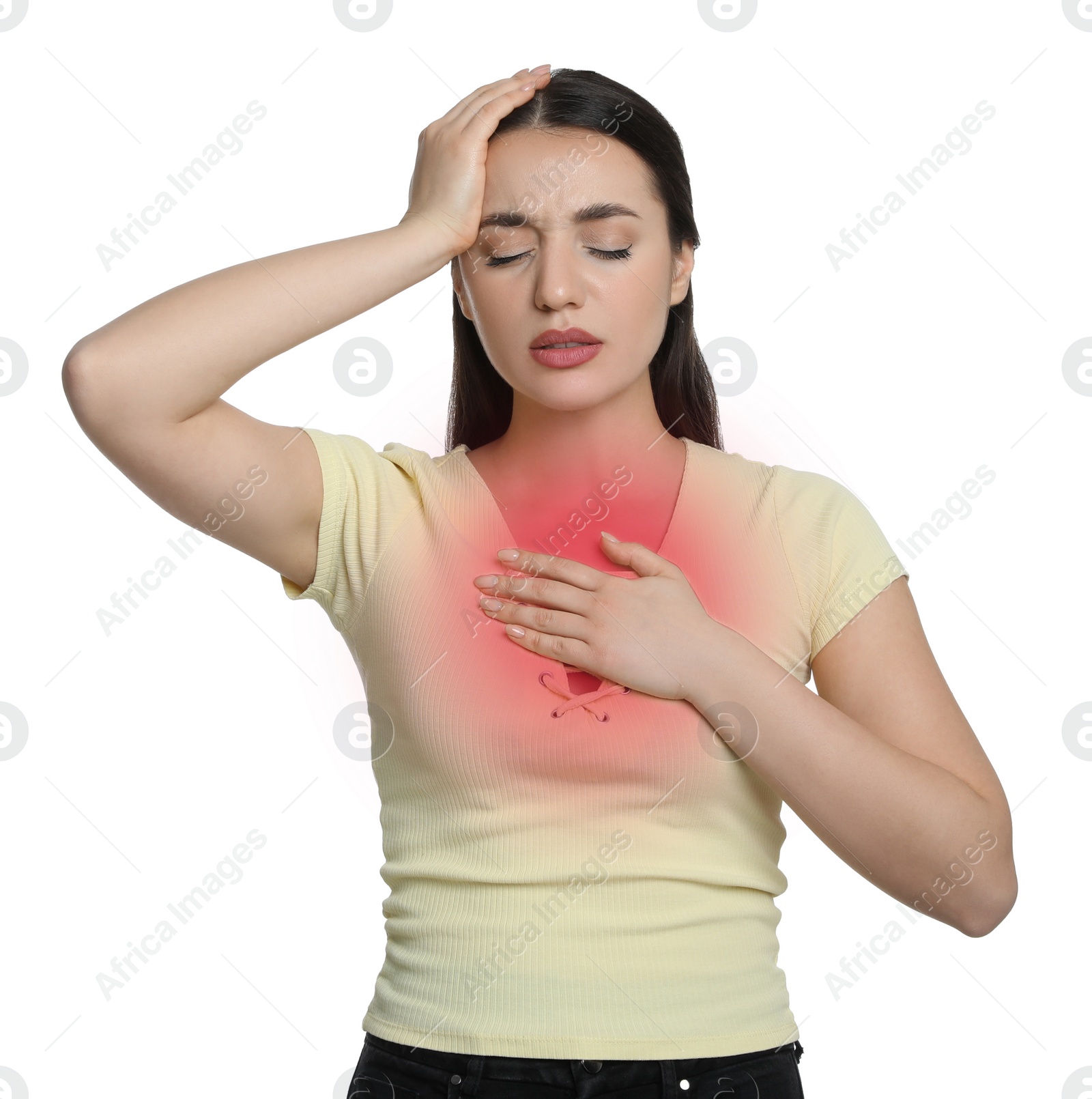 Image of Young woman suffering from headache on white background. Cold symptoms