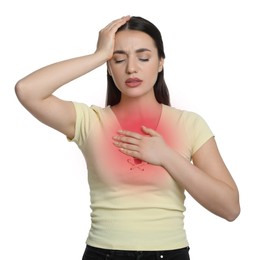 Image of Young woman suffering from headache on white background. Cold symptoms