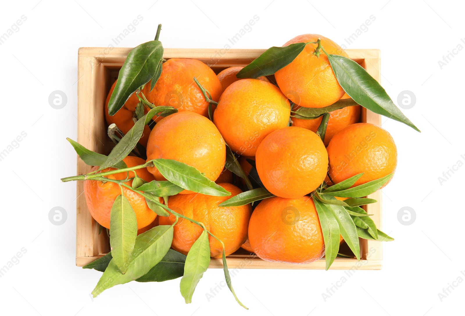 Photo of Wooden crate with tasty ripe tangerines on white background, top view