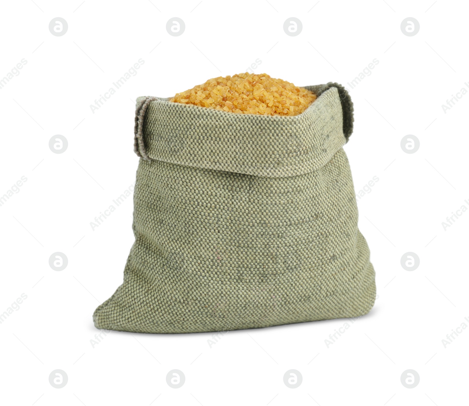 Photo of Sack with uncooked bulgur isolated on white