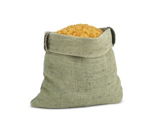 Photo of Sack with uncooked bulgur isolated on white