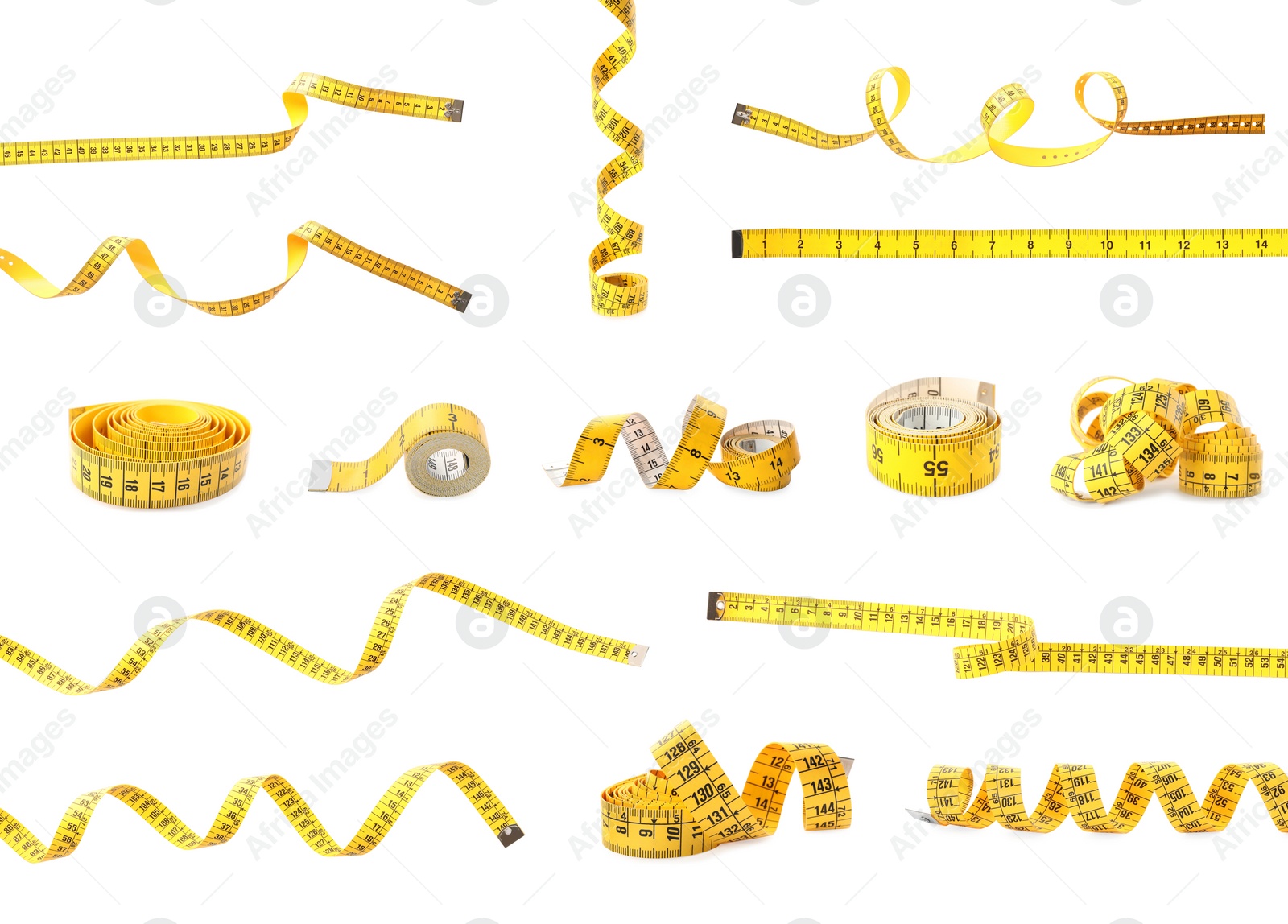 Image of Set of yellow measuring tapes on white background