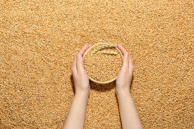 Photo of Woman holding bowl with wheat over grains, top view
