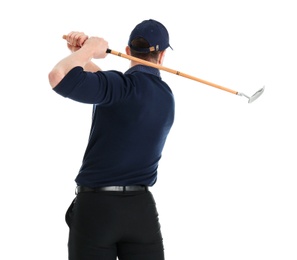 Photo of Back view of man with golf club isolated on white