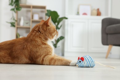 Photo of Cute ginger cat playing with sisal toy mouse at home