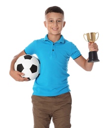 Photo of Happy boy with golden winning cup and soccer ball on white background
