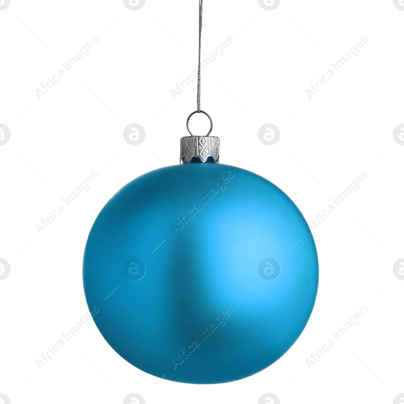 Image of Light blue Christmas ball hanging on white background